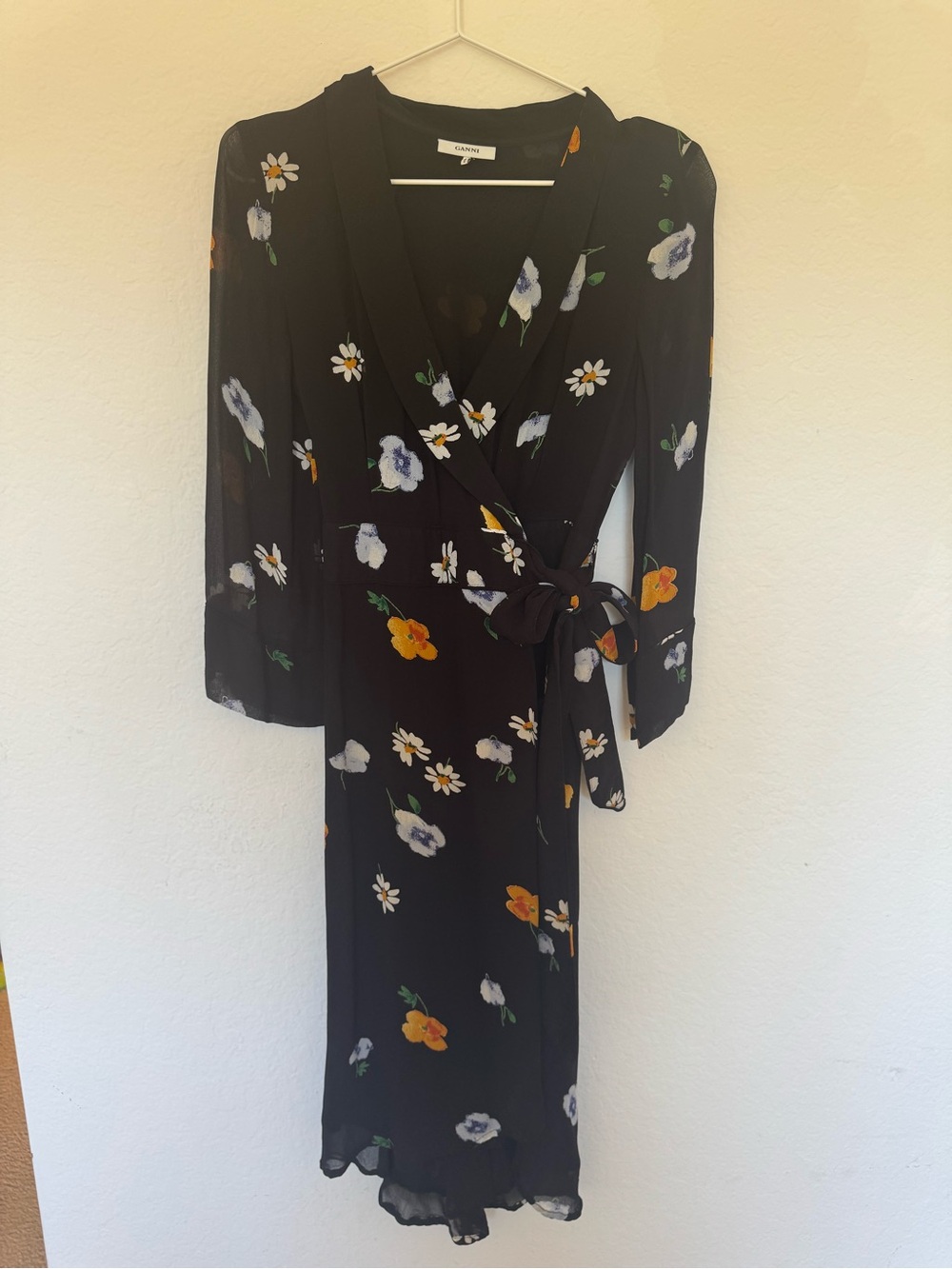 Ganni Black Floral Wrap Midi Dress with Yellow & White Blooms